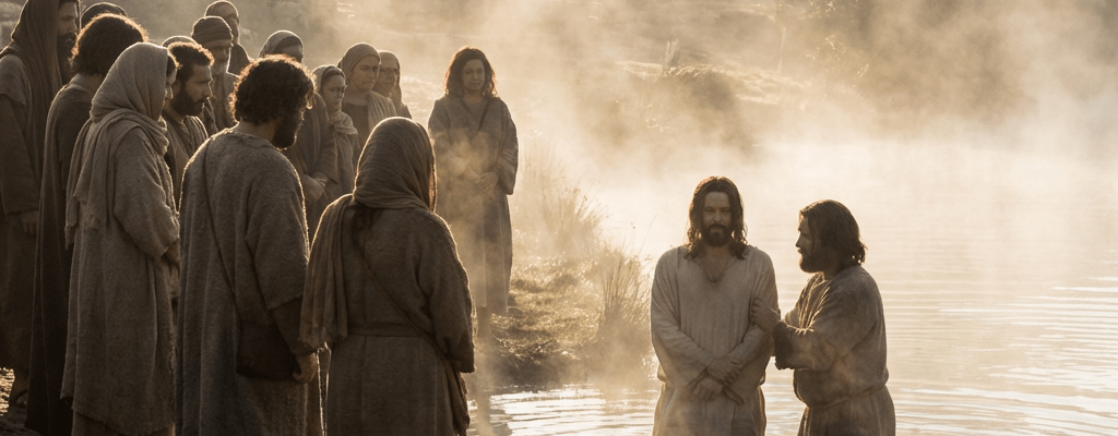 Two men stand in a misty river for a baptism while a crowd watches from the bank.